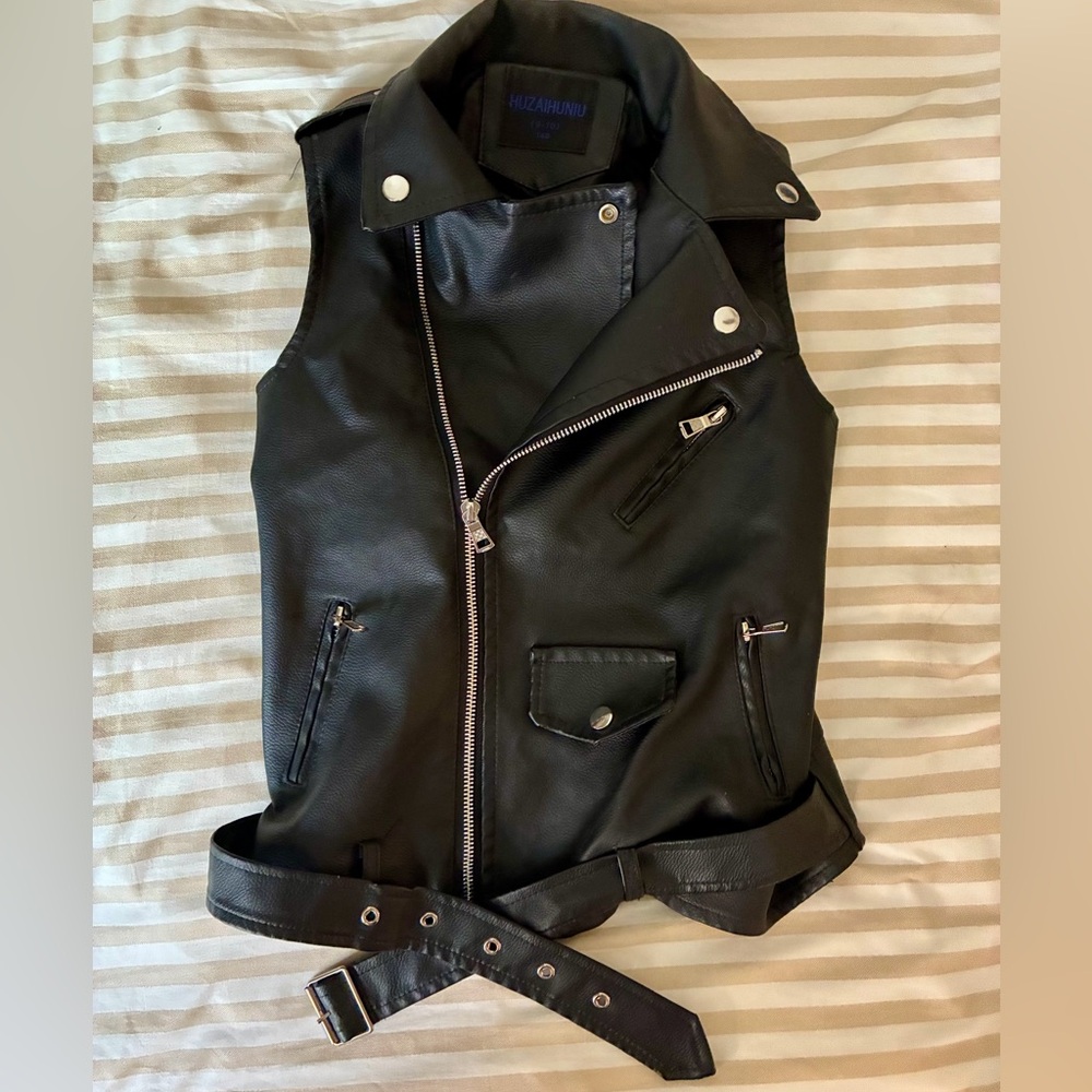 Unisex Kids Black Faux Leather Moto Vest